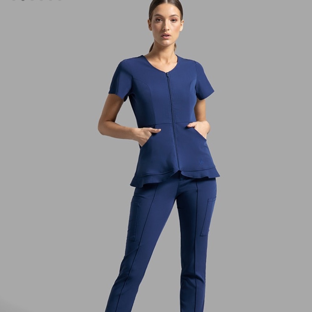 Jaanuu Hudson Collection Ruffle Hem Top in Navy Blue